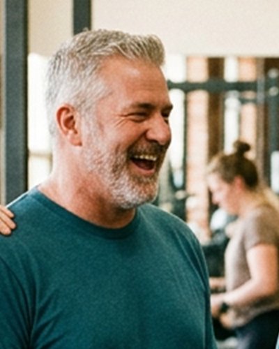 Retrato de Facundo Ledesma, entrenador de musculación, riéndose.