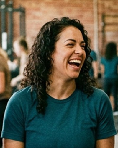 Retrato de Romina Calderón, entrenadora de principiantes, riéndose.